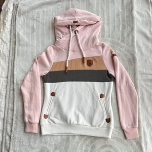 Wanakome Adventure Hoodie Pink and Cream Colorblock Hoodie Sweater- Womens M